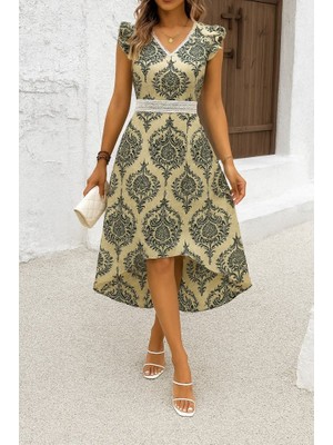 Kadın Kısa Kollu V Yakalı Çiçek Desenli Önü Kısa Arkası Uzun Pegasus Elbise
