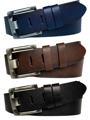 %100 Hakiki Deri 3'lü Geniş Dilli Set Siyah, Lacivert, Kahverengi 4.5 cm Kot, Kemeri=3lü-Geniş-Eski