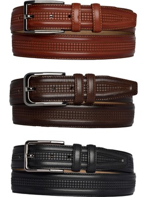 %100 Hakiki Deri, 3'lü Set Siyah, Koyu Kahve, Kızıl Taba Dikişli, Kumaş Pantolon Kemeri 3.5 Cm_ortab