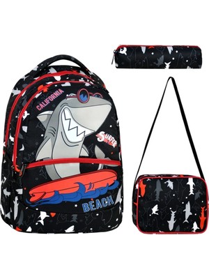 3’lü Köpek Balığı Desenli Erkek Çocuk Okul Çantası Seti Siyah