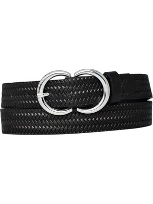 %100 Hakiki Deri Gümüş cc Tokalı Örgü Desenli Siyah Ince Kadın Kemeri, 3cm=3cm-Kdn-06