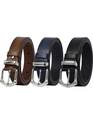 %100 Hakiki Deri 3'lü Set Siyah, Lacivert, Kahverengi Kadın Kemeri, 3 Cm=3cm-Kd-41-Gümüş