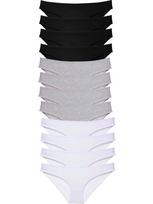 12 Adet Süper Eko Set Likralı Kadın Slip Külot Siyah Gri Beyaz