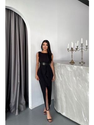 Ceket-Etek Görünümlü Elbiseçift Kemer Detaylı - Siyah