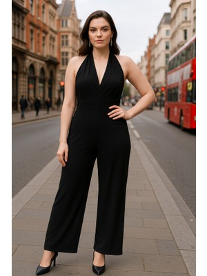 Kadın V Yakasırt Dekolteli Geniş Paça Sandy Kumaş Fırsat Ürün Tulum