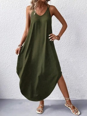 Kadın Askılı V Yakalı Uzun Viskon Elbise