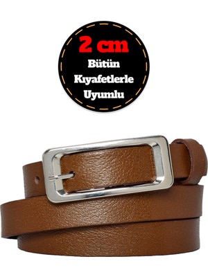%100 Hakiki Deri, Gümüş Tokalı Ince 2 cm Açık Kahverengi Kadın Kemeri; Elbise, Pantolon Kemeri_dikd