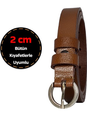 %100 Hakiki Deri, Gümüş Tokalı Ince 2 cm Açık Kahverengi Kadın Kemeri; Elbise, Pantolon Kemeri_kilt