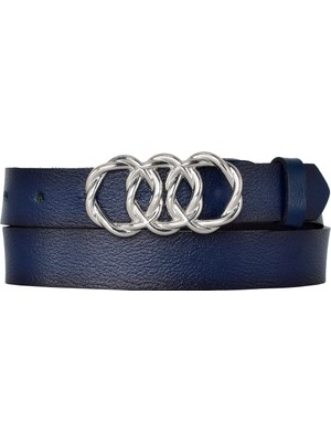 %100 Hakiki Deri, Gümüş Örgü Tokalı 3 cm Lacivert Kadın Kemeri; Elbise, Pantolon Kemeri=3cm-Kdn-46