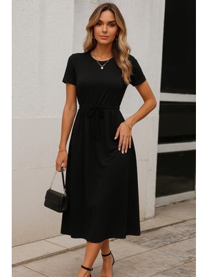 Kadın Kısa Kollu Bisiklet Yaka Belden Bağlamalı Önü Bağcık Detaylı Maksi Boy Viskon Elbise