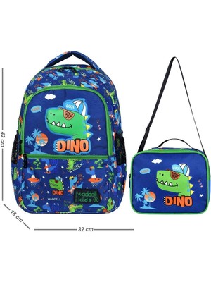 Dinozor Nakışlı Erkek Çocuk Sırt ve Beslenme Çantası, Lacivert