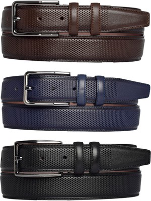 %100 Hakiki Deri, 3'lü Set Siyah, Lacivert, Koyu Kahve Dikişli Kumaş Pant. Kemeri 3.5 Cm_noktalı