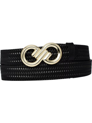 %100 Hakiki Deri, Gold Tokalı 3 cm Örgü Desenli Siyah Kadın Kemeri; Elbise, Pantolon KEMERI=3CMKDN43