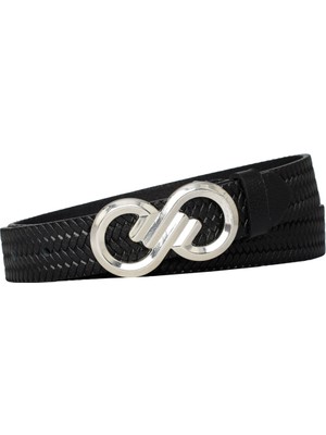 %100 Hakiki Deri, Gümüş Tokalı 3 cm Örgü Desenli Siyah Kadın Kemeri; Elbise, Pantolon KEMERI=3CMKD44