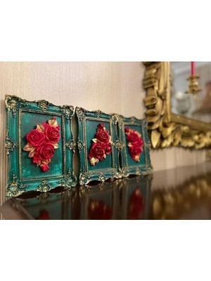 Zümrüt Yeşili 3 Lü Çiçekli Duvar Tablosu , Dekoratif Obje