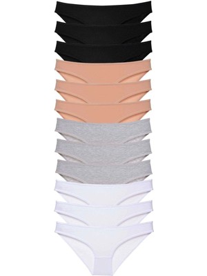 12 Adet Süper Eko Set Likralı Kadın Slip Külot Siyah Ten Gri Beyaz