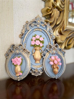 Pembe Çiçekli 3 Lü Gri Tablo