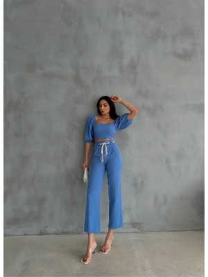 Demir Grup Keten Crop Karpuz Kol Bluz-Pantolon Hasır Kemerli - Mavi