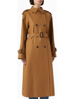 Dark Camel Deri Detaylı Kemerli Çift Sıra Düğmeli Kadın Trençkot