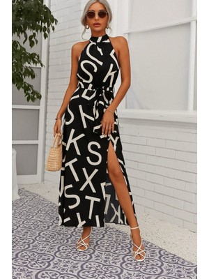 Kadın Omuzlardan Açık Halter Yakalı Yırtmaçlı Çiçek Desenli Süprem Elbise