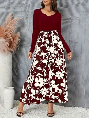 Kadın Uzun Kollu Yaka Açık Üst Kaşkorse Beli Kuşaklı Alt Çiçek Baskılı Dalgıç Elbise