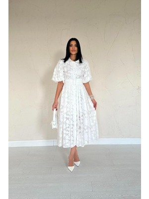 Ekru Kemerli Balon Kollu Elbise
