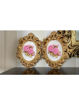 2 Li Dekoratif Çerçeveli Duvar Tablosu Gül Detaylı 33X22 cm