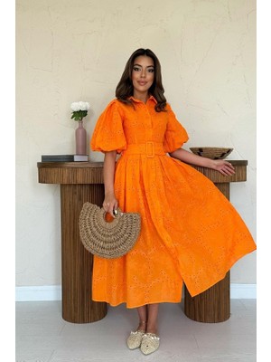 Oranj Pileli Balkon Elbise - L - Oranj