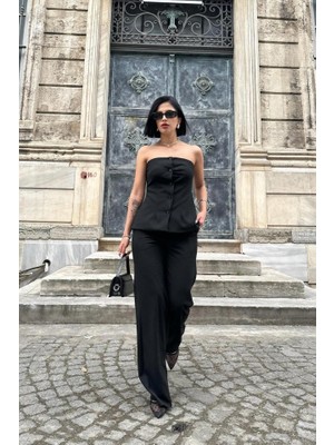 Siyah Straplez Düğmeli Crop ve Pantolon Takım