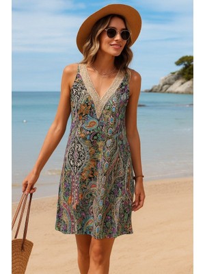 Kadın Kısa Kollu Dantel V Yakalı Desenli Süprem Elbise