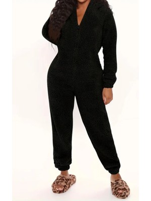 Kadın Uzun Kollu Kapüşonlu Tavşan Kulak Detaylı Peluş Tulum