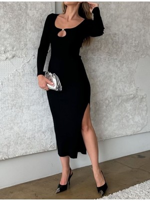 Kadın Uzun Kollu Yaka Damla Detay Mini Aksesuarlı Yırtmaç Detay Krep Elbise