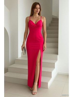 Kadın Dalgıç Kumaş V Yaka Yırtmaç Detaylı Maxi Boy Elbise