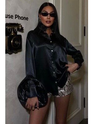 Premium Siyah Kadın Saten Gömlek