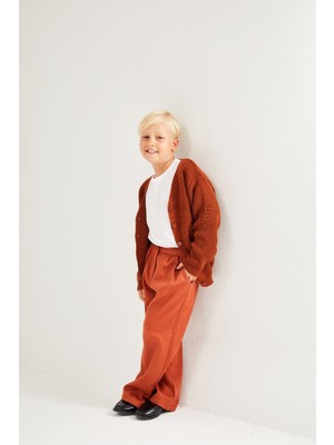 Erkek Çocuk Retro Selanik Hırka & Gabardin Bol Paça Pantolon Takım – Kahverengi Renk
