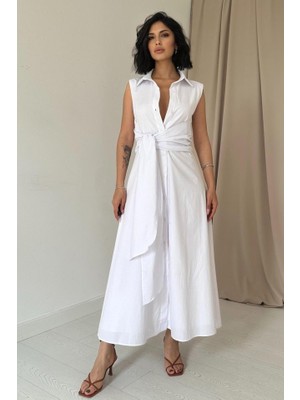 Beyaz Gömlek Yaka Bağlamalı Elbise