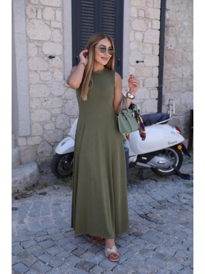 Kadın Sıfır Kollu Bisiklet Yaka Viskon Elbise