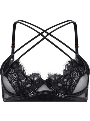 Ariella Siyah Plunge Sütyen - Şeffaf Tül, Fransız Danteli ve Parlak Pvc Detaylı Destekli Sütyen