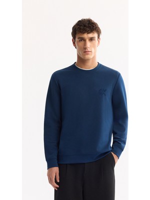 AVVA Erkek Petrol Mavi Bisiklet Yaka Pamuklu Bi-Stretch Basic Regular Fit Sweatshirt A52Y1328