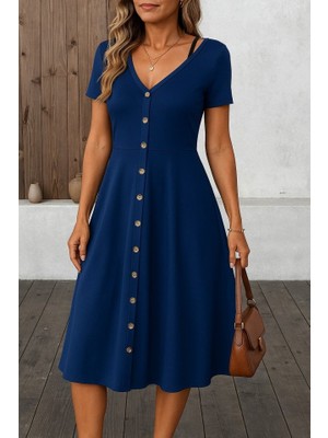 Ag Shoppings Kadın Kısa Kollu V Yakalı Önden Düğmeli A Kesim Dokuma Elbise