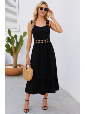 La Mode Istanbul Kadın Askılı Dantel Detaylı Kiloş Janjan Krep Elbise