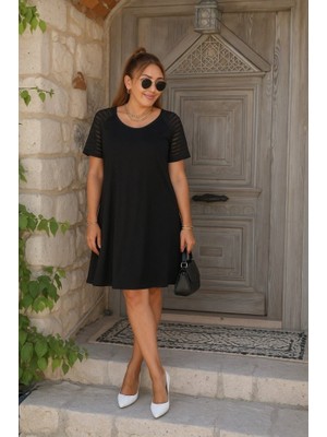 Aisha Elbise Kadın Kısa Kollu Yuvarlak Yaka Şerit Kol Detaylı Viskon Elbise
