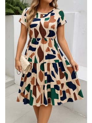 Sosostyle Kadın Kısa Kollu Bisiklet Yaka Desenli Fırfırlı Süprem Elbise