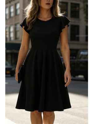 Alinn Butikk Kadın Kelebek Kollu Bisiklet Yakalı Pileli Ithal Krep Elbise