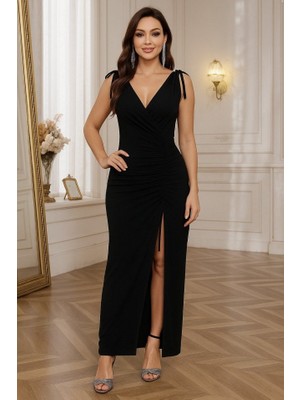 Sosostyle Kadın Sıfır Kollu V Yakalı Yırtmaç Detaylı Beli Büzgülü Omuzdan Bağcıklı Sandy Maxi Elbise