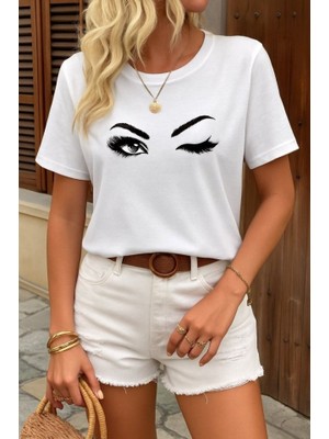 Alinn Butikk Kadın Kısa Kollu Bisiklet Yaka Göz Baskılı Süprem T-Shirt