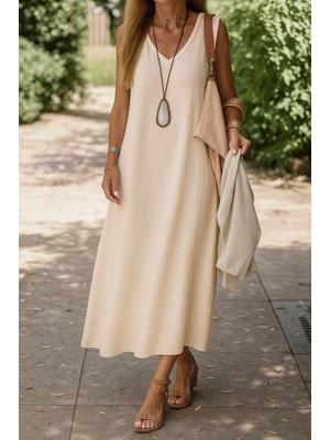 Ag Shoppings Kadın Kolsuz V Yakalı Maksi Boy Ithal Keten Elbise