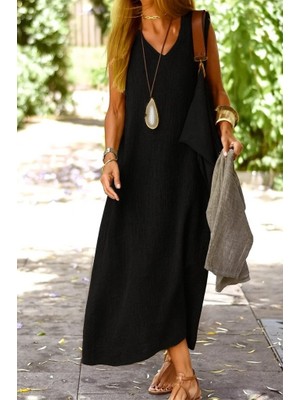 Arben Boutique Kadın Kolsuz V Yakalı Maksi Boy Ithal Keten Elbise