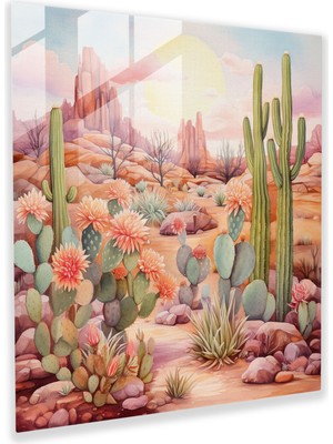 Popcas Sevimli Kaktüs Suluboya Cam Tablo Sanatı - Kaktüs Cam Tablo Modern Sanat Suluboya Illüstrasyon