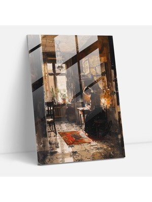 Popcas Johannes Vermeer Cam Tablo - Sıcak Iç Mekan Cam Duvar Sanatı